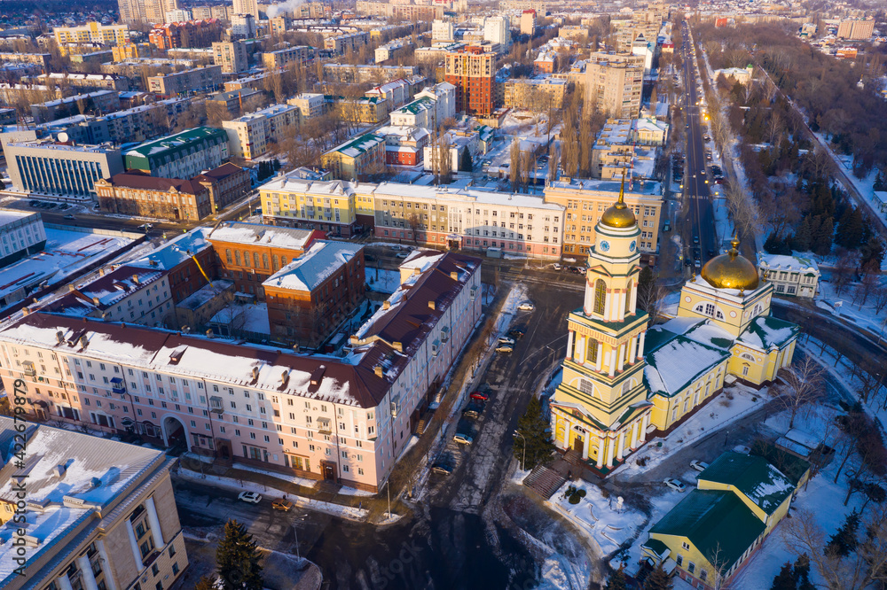 Aerial view of the Cathedral of the Nativity of Christ and Administration of Lipetsk region at Sobornaya Square in Lipetsk, Russia