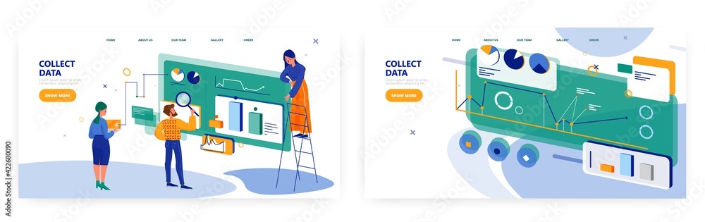 Naklejka premium Collect data landing page design, website banner vector template set. People searching information for financial report.