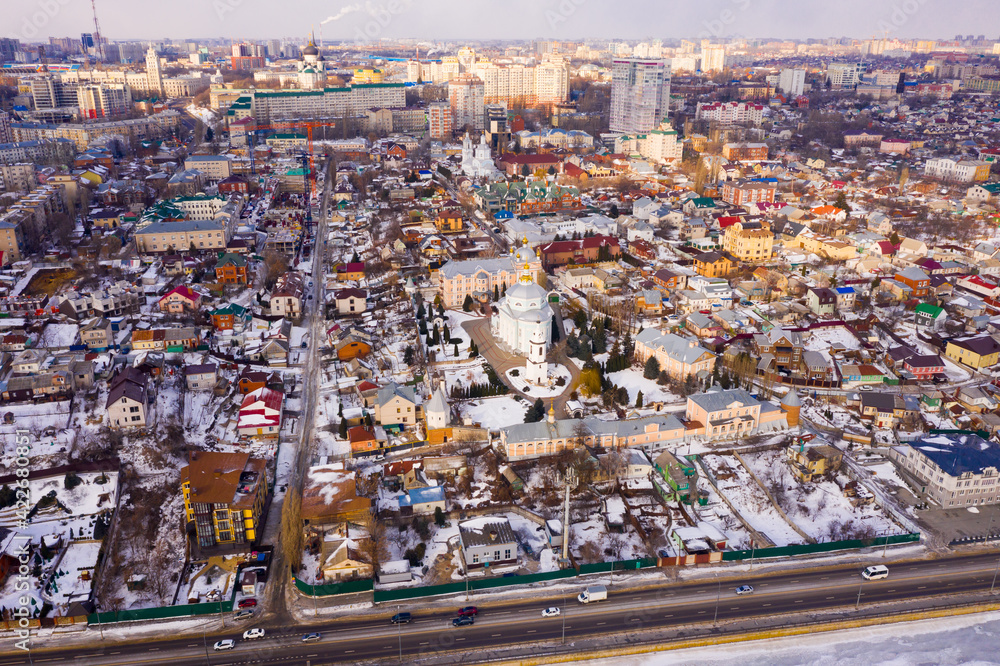 Top view on a winter Alekseevo-Akatov monastery is surrounded by an old residential neighborhoods in the city of ..Voronezh, Russia