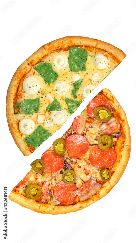 Pizza, two halves isolated on a white background. Versus concept. Appetizing pizza. Pizza, two halves isolated on a white background. Versus concept. Appetizing pizza.