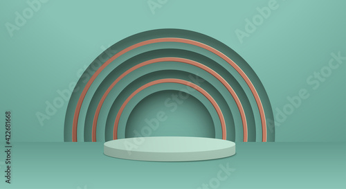 3D illustration of classic teal theme podium scene for display products and cosmetic advertising.