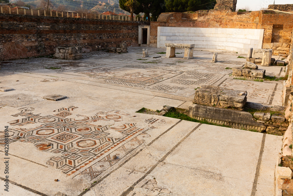 Obraz premium Preserved elements of architecture of Roman bath gymnasium complex in ancient Lydian city of Sardis, Manisa Province, Turkey