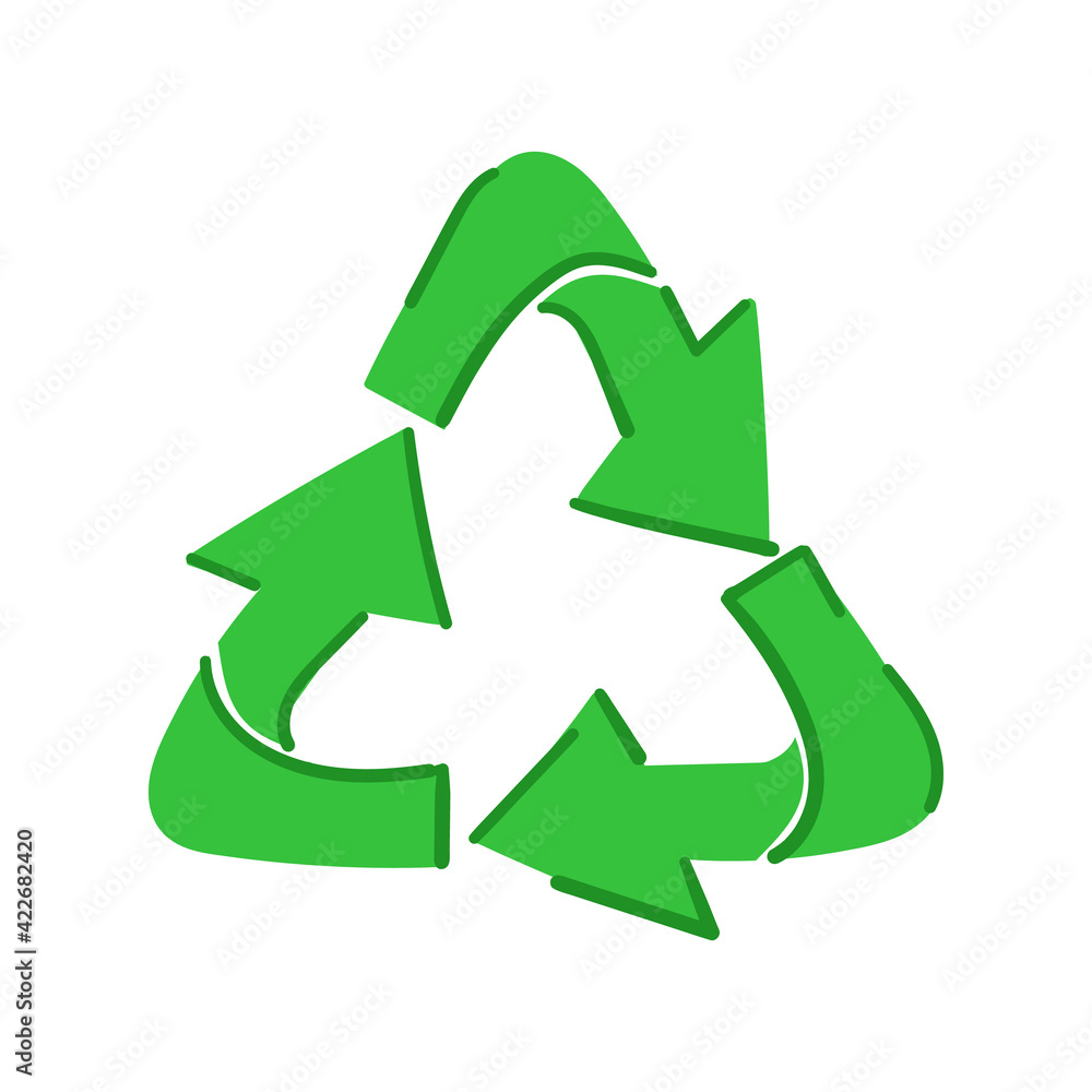 Recycling icon on isolated background in trendy hand-drawn or cartoon style. Vector green production symbol illustration Recycling icon on isolated background in trendy hand-drawn or cartoon style. Vector green production symbol illustration