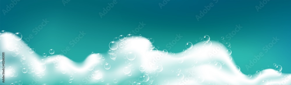 Beautiful blue background with realistic Soap foam with bubbles. Shampoo bubbles texture. Shiny washing hygiene detergent. Empty place for your text. Vector illustration Beautiful blue background with realistic Soap foam with bubbles. Shampoo bubbles texture. Shiny washing hygiene detergent. Empty place for your text. Vector illustration