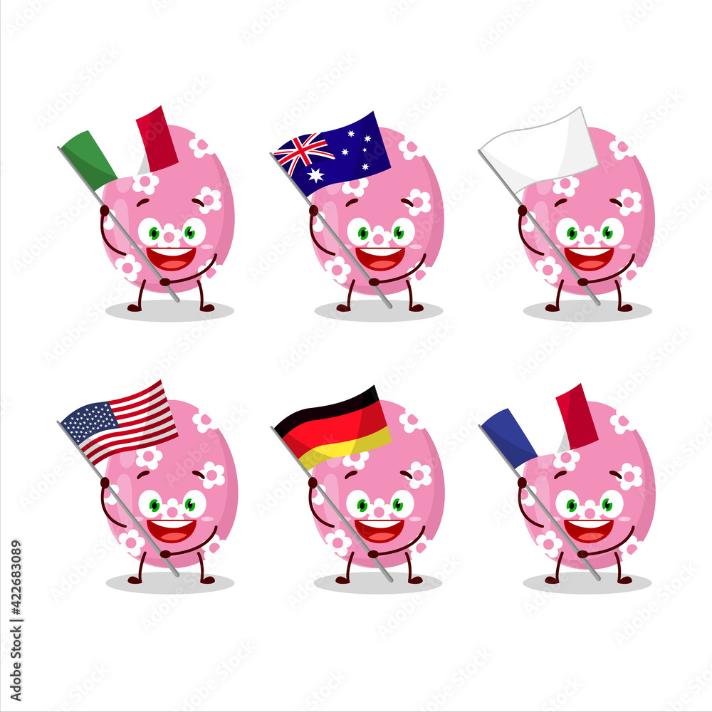 Pink easter egg cartoon character bring the flags of various countries Pink easter egg cartoon character bring the flags of various countries