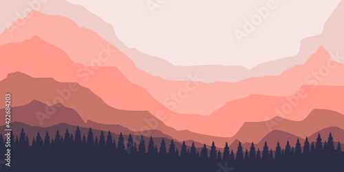 mountain morning with fog landscape vector illustration for web banner, blog banner, background template, wallpaper, adventure design template, tourism background and mountain tour hiking poster