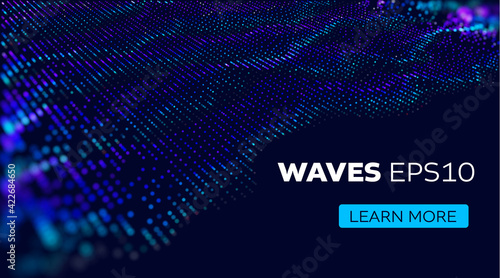 Sound vector background. Wave of particles futuristic stream. Science background