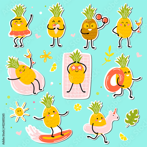 kawaii pineapples stickers. cute fruits enjoy the vacation. vacation at sea. vector illustration in cartoon style.