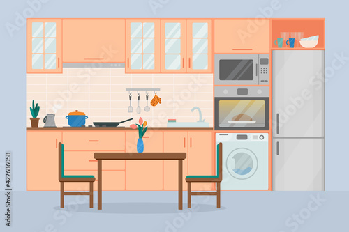 Cozy kitchen interior, flat vector illustration. Refrigerator, oven, microwave, washing machine, flowerpot, dishes, dining table and chairs.