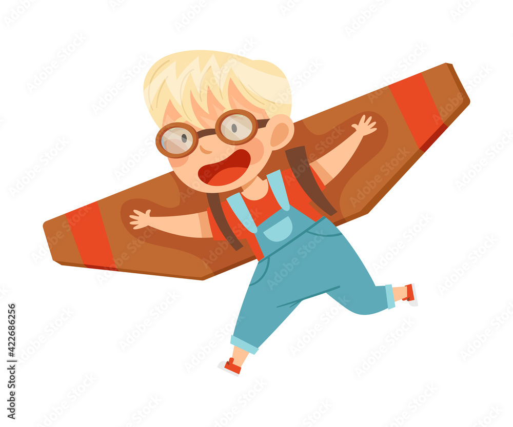 Smiling Boy in Goggles Flying and Piloting with Improvised Fake Aircraft Vector Illustration Smiling Boy in Goggles Flying and Piloting with Improvised Fake Aircraft Vector Illustration