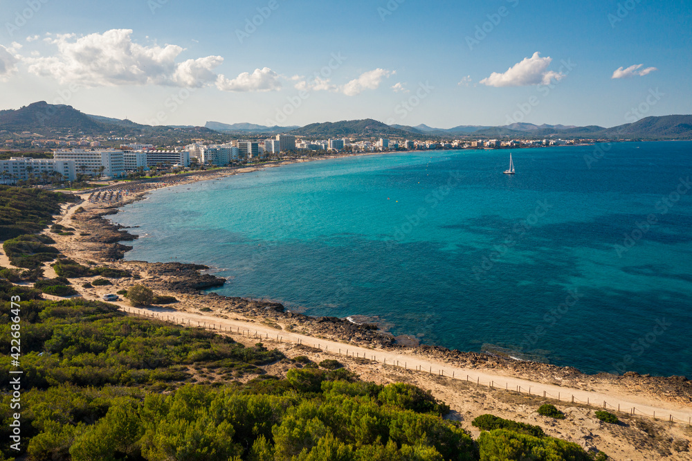 An aerial panoramic image of the Cala Millor resort on Mallorca island in Mediterranean sea An aerial panoramic image of the Cala Millor resort on Mallorca island in Mediterranean sea