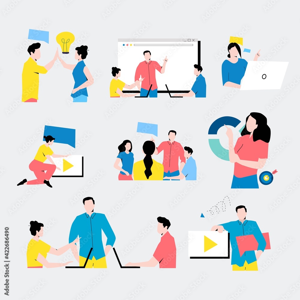 Set of flat design business concept illustrations. Collection of man and woman taking part in business and corporate activities, team work, presentation, dialog, discussion, business meeting vector Set of flat design business concept illustrations. Collection of man and woman taking part in business and corporate activities, team work, presentation, dialog, discussion, business meeting vector