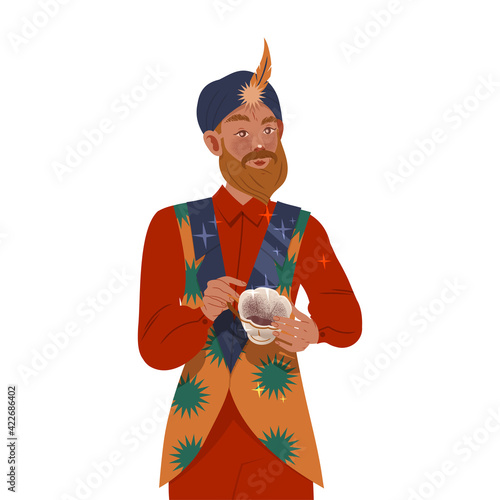 Bearded Man in Turban as Fortune Teller Reading Coffee Grounds Predicting Future Vector Illustration