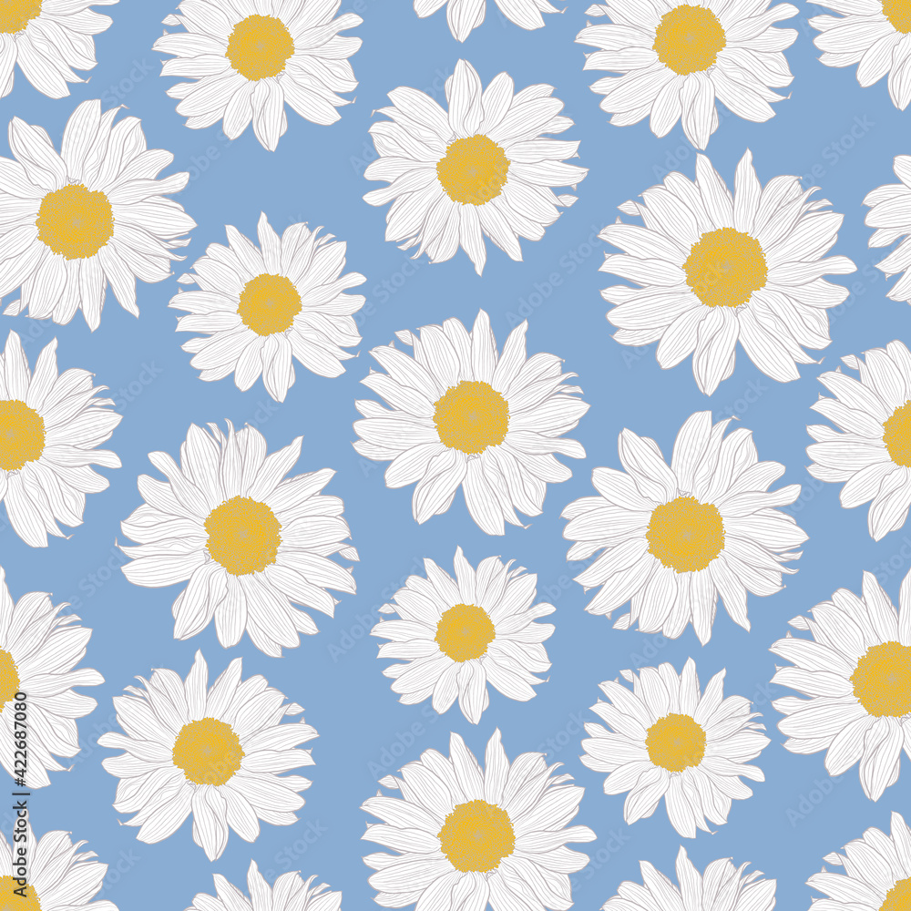 Fototapeta premium Vector seamless pattern of yellow and white chamomile flowers on light blue background. Decorative print for wallpaper, wrapping, textile, fashion fabric or other printable covers.