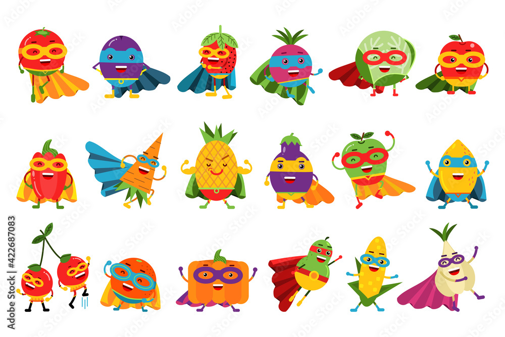 Obraz premium Funny Fruits and Vegetables Wearing Superhero Cloak Vector Illustration Set