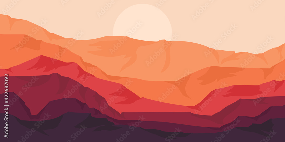 flat design vector of sunset in the mountains good for background template, web banner, tourism promotion banner background, adventure design background, hiking tourism design, and wallpaper 