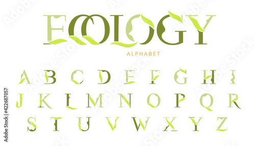 Vector Ecology Alphabet with decorative leafs elements. Modern elegance font with uppercase letters. Vector Illustration.