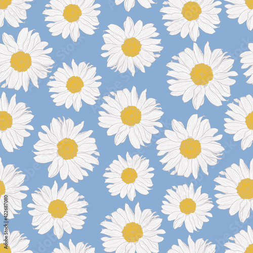 Vector seamless pattern of yellow and white chamomile flowers on light blue background. Decorative print for wallpaper  wrapping  textile  fashion fabric or other printable covers.