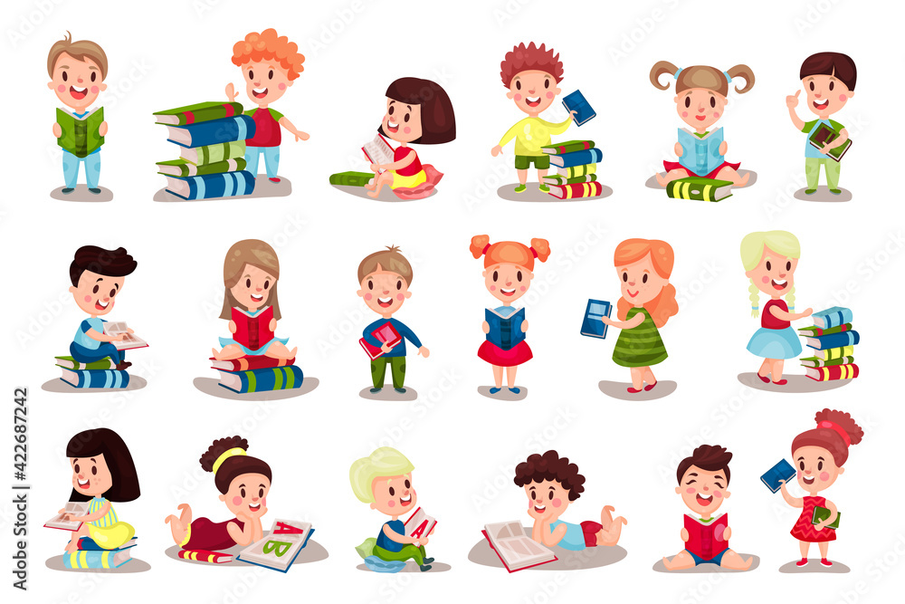 Little Boy and Girl Sitting and Standing Reading Book Vector Illustrations Set