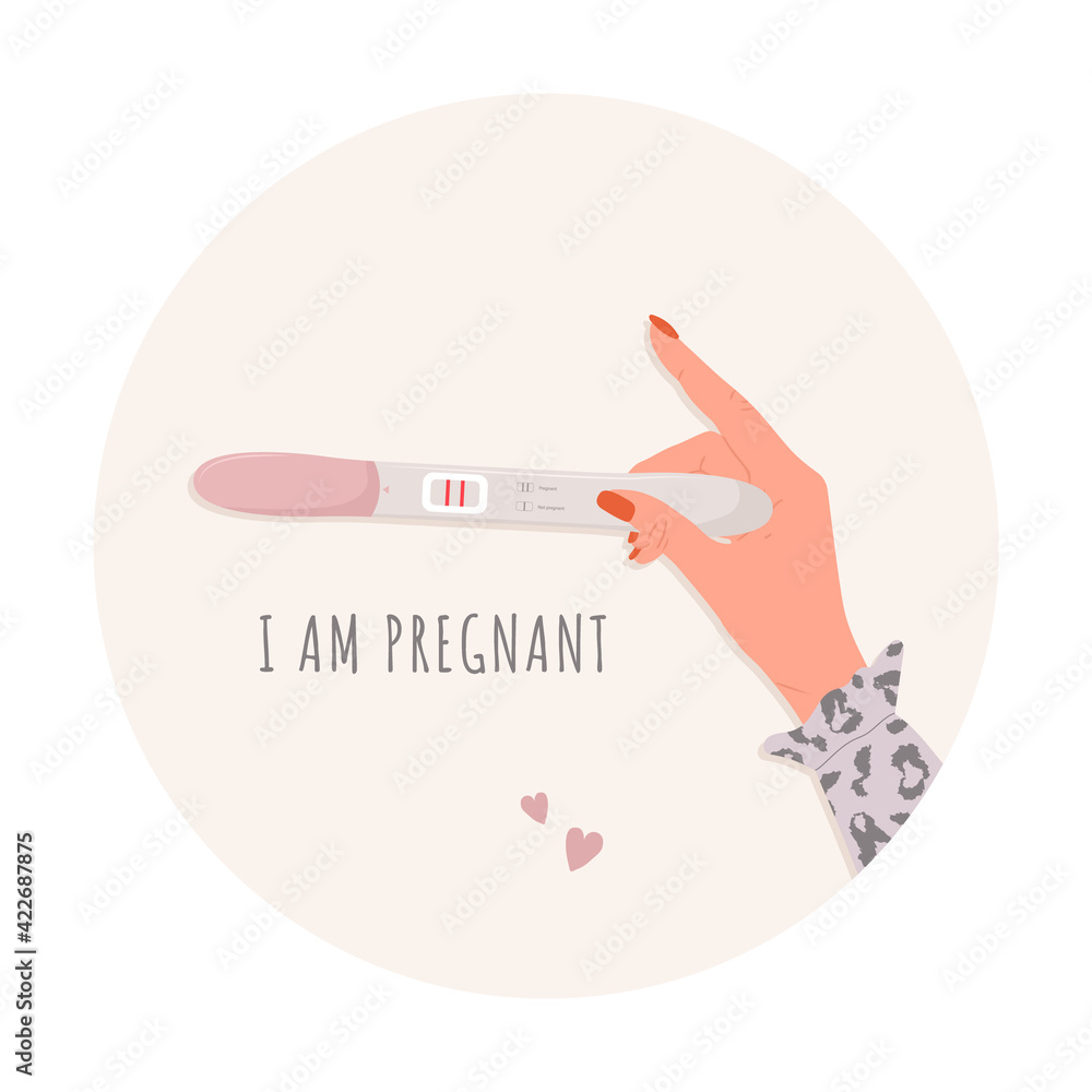 Female hand is holding positive pregnancy or ovulation test. I am pregnant concept with text. Planning baby and motherhood. Vector illustration in flat cartoon style. Female hand is holding positive pregnancy or ovulation test. I am pregnant concept with text. Planning baby and motherhood. Vector illustration in flat cartoon style.