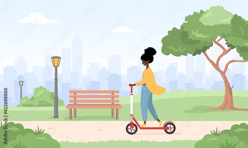 African woman riding kick scooter around city. Spring or summer landscape. Happy young girl at park. Sports and leisure outdoor activity. Eco transport. Vector illustration in flat cartoon style.