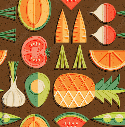 Seamless mid century pattern of fruits and vegetables. For backgrounds, print design, home decor. Healthy food theme. Vector illustration.