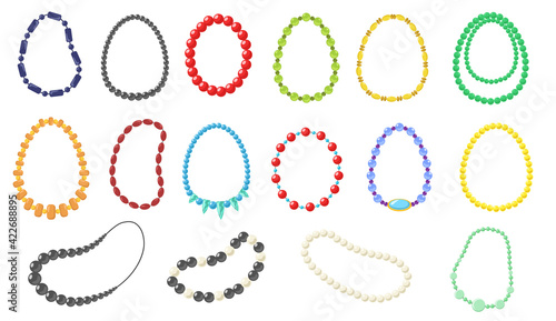 Women necklace vector illustrations set. Collection of fashionable necklaces made of gold, silver, pearl, beads on white background. Beauty, jewelry, accessory concept for web design