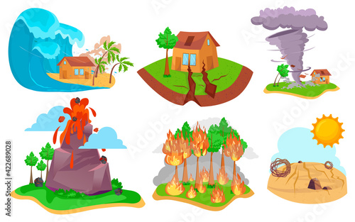 Set of natural disasters. Colored cartoon flat vector illustration. Collection of volcanic eruption, drought, forest fires, tornado, flood. Nature accident concept for children activities