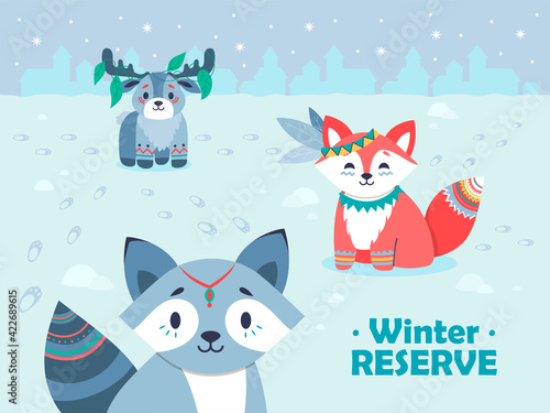 Winter snowy background design with cute tribal animals. Smiling forest characters sitting on snow. Forest wildlife and woodland concept. Template for promotional or invitation web page