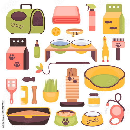 Collection of pet shop products for cats and dogs isolated on white background. items for pets care, treatment, care, entertainment, feeding. vector illustration in cartoon style.