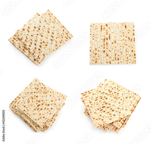 Set with Passover matzos on white background, top view. Pesach celebration