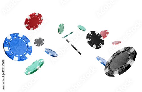Different casino chips falling on white background