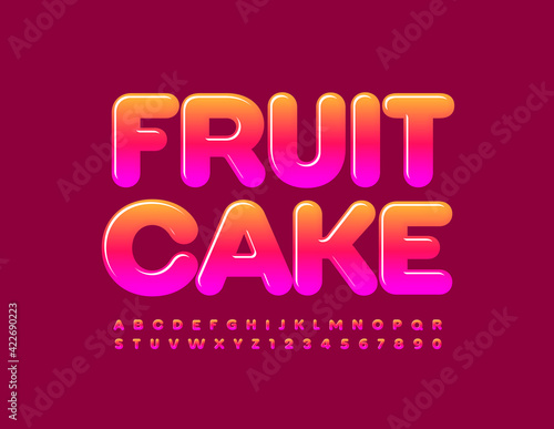 Vector tasty sign Fruit Cake. Gradient color Font. Bright glossy Alphabet Letters and Numbers set