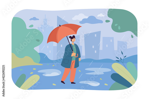 Woman walking in rain with umbrella flat vector illustration. Girl enjoying autumn season and rainy weather in city. Autumn, weather, leisure concept for banner design or landing page