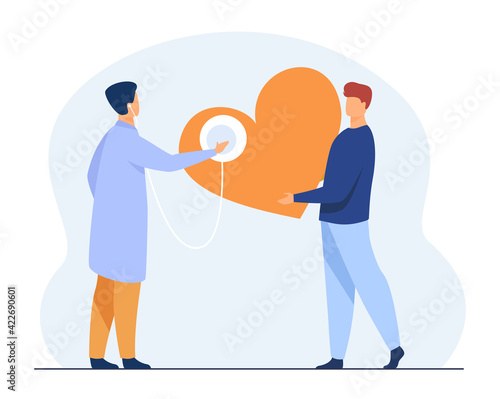 Cardiologist checking heart with stethoscope. Health, therapy, diagnostics flat illustration. Medicine and healthcare concept for banner, website design or landing web page