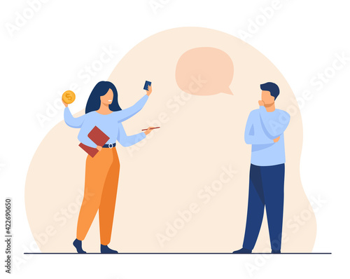 Thoughtful man talking with multitasking woman. Work, coin, hand flat vector illustration. Time management and business concept for banner, website design or landing web page