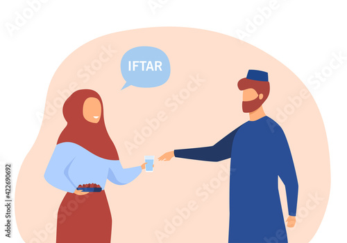 Muslims eating meal after sunset during Ramadan. Iftar, food, diet flat vector illustration. Religion and nutrition concept for banner, website design or landing web page