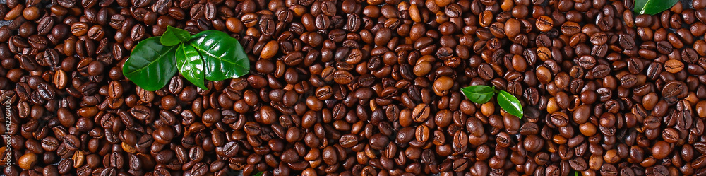 Roasted brown coffee beans on a gray background. Template for advertising coffee. Top view. Banner. Roasted brown coffee beans on a gray background. Template for advertising coffee. Top view. Banner.