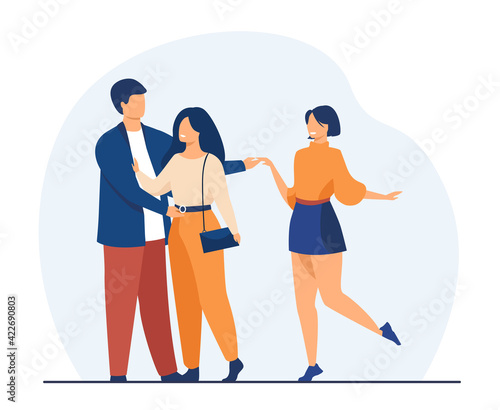 Man cheating his girlfriend with another woman. Love, infidelity, truth flat vector illustration. Relationship and adultery concept for banner, website design or landing web page