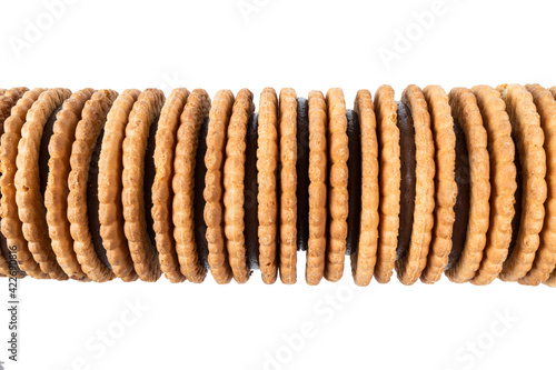 Top view of baked cookies isolated on white background. Desserts with chocolate cookies. Baked chocolate chip cookies isolated.
