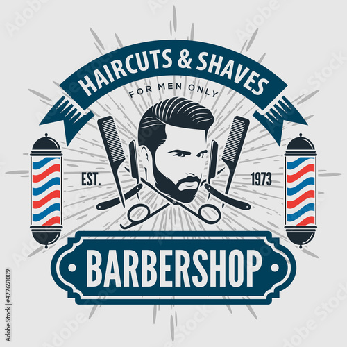 Barbershop logo, poster or banner design concept with barber pole and bearded men. Vector illustration