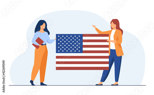 Two women holding USA flag. Star, citizen, union flat vector illustration. Nationality and country symbol concept for banner, website design or landing web page