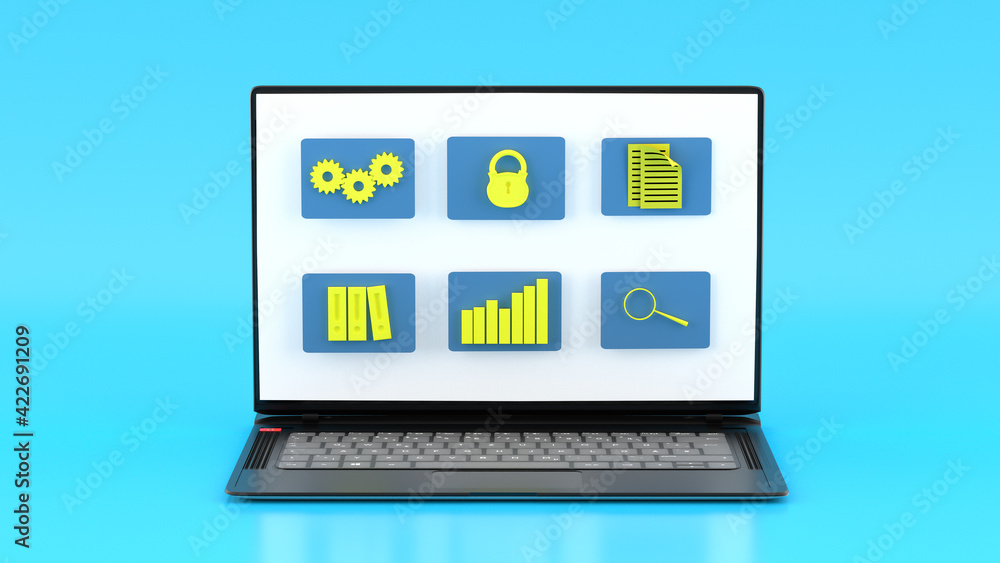 Illustration of document management with icons. Laptop with virtual information symbols. 3D Render Illustration of document management with icons. Laptop with virtual information symbols. 3D Render