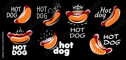 Vector set of drawn hot dogs on a black background