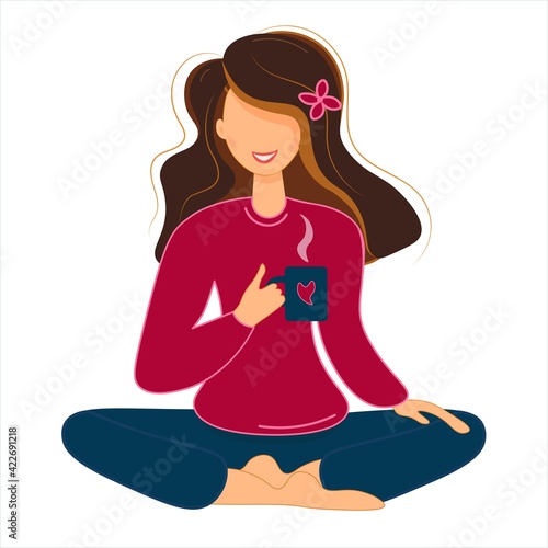 Cute cartoon brunette sitting in lotus position and drinking herbal tea. Yoga practice, relaxation. Vector illustration isolated on white background. A young expressive mestizo girl enjoys life.