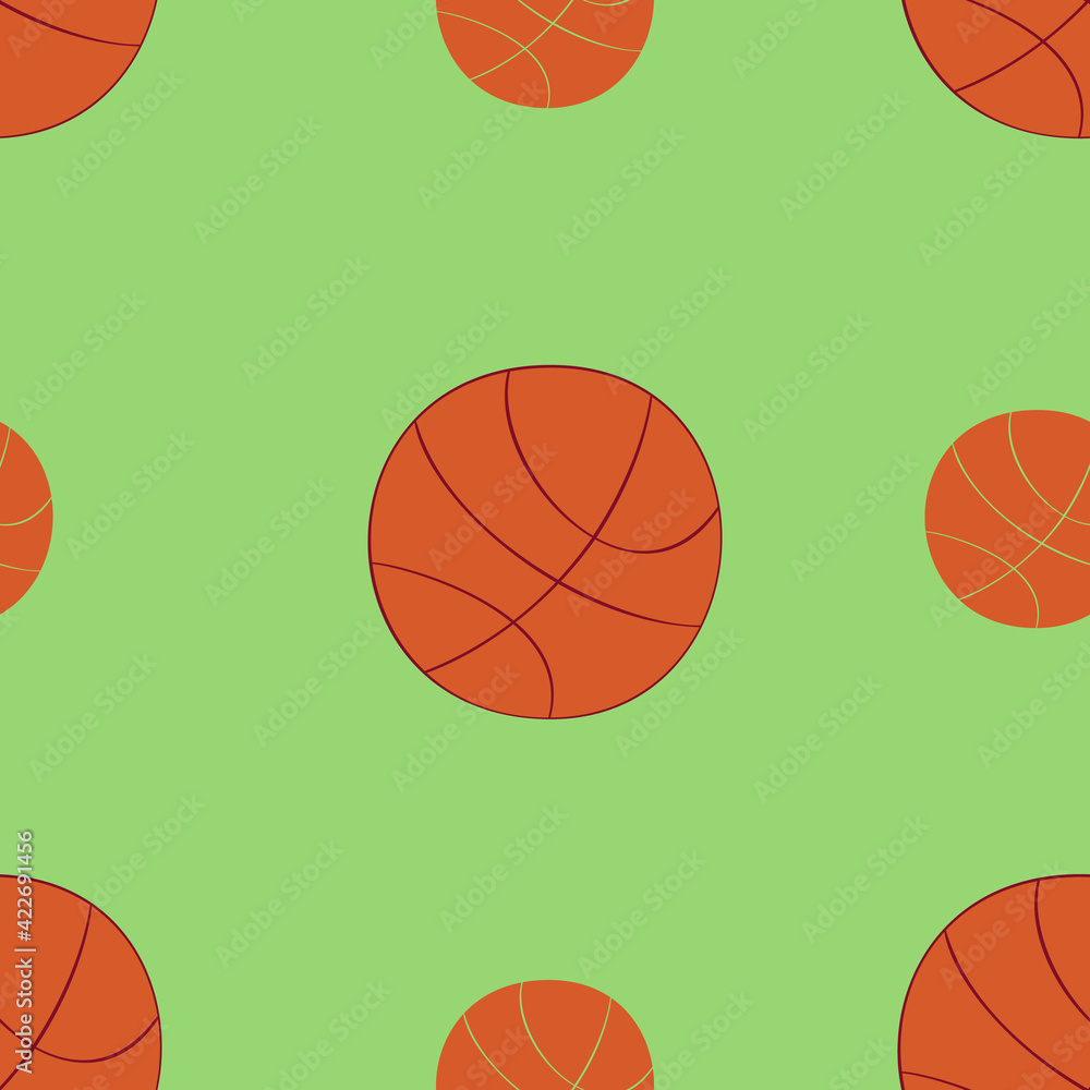 A jpeg illustration of bright orange basketball balls isolated on green background. Designed for prints, wraps, backgrounds, textiles, wallpapers for adults and kids.