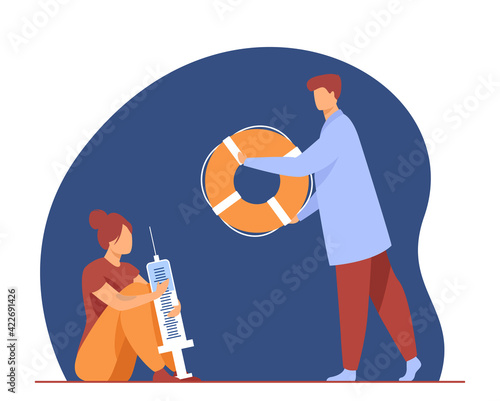 Doctor helping woman with drug addiction. Syringe, life preserver, habit flat vector illustration. Medicine and rehabilitation concept for banner, website design or landing web page