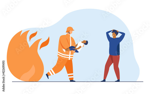 Brave firefighter carrying little boy and saving him from fire. Kid, life, flame flat vector illustration. Firefighting and emergency service concept for banner, website design or landing web page