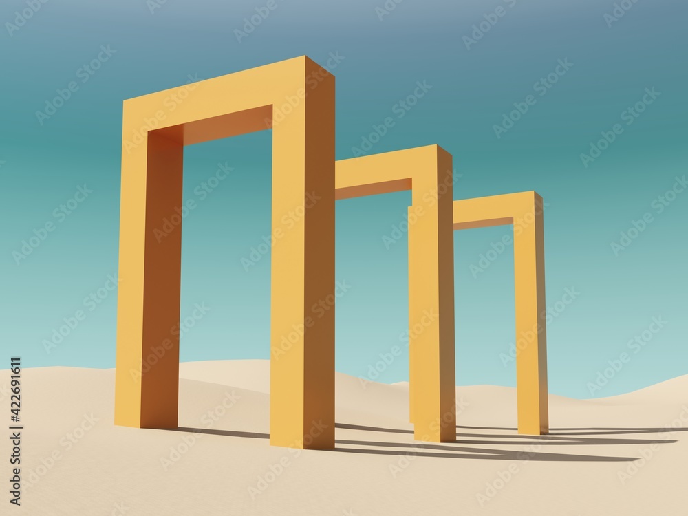 Abstract, architectural structure with arches and flying golden balls on sandy beach and sky background - 3D render with copy space. Modern minimal abstract illustration for advertising products. Abstract, architectural structure with arches and flying golden balls on sandy beach and sky background - 3D render with copy space. Modern minimal abstract illustration for advertising products.
