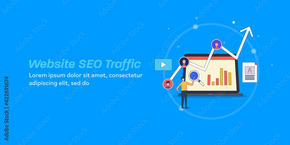 Website SEO traffic, businessman analysing increasing web traffic data on virtual dashboard. Flat design line concept banner template. Website SEO traffic, businessman analysing increasing web traffic data on virtual dashboard. Flat design line concept banner template.